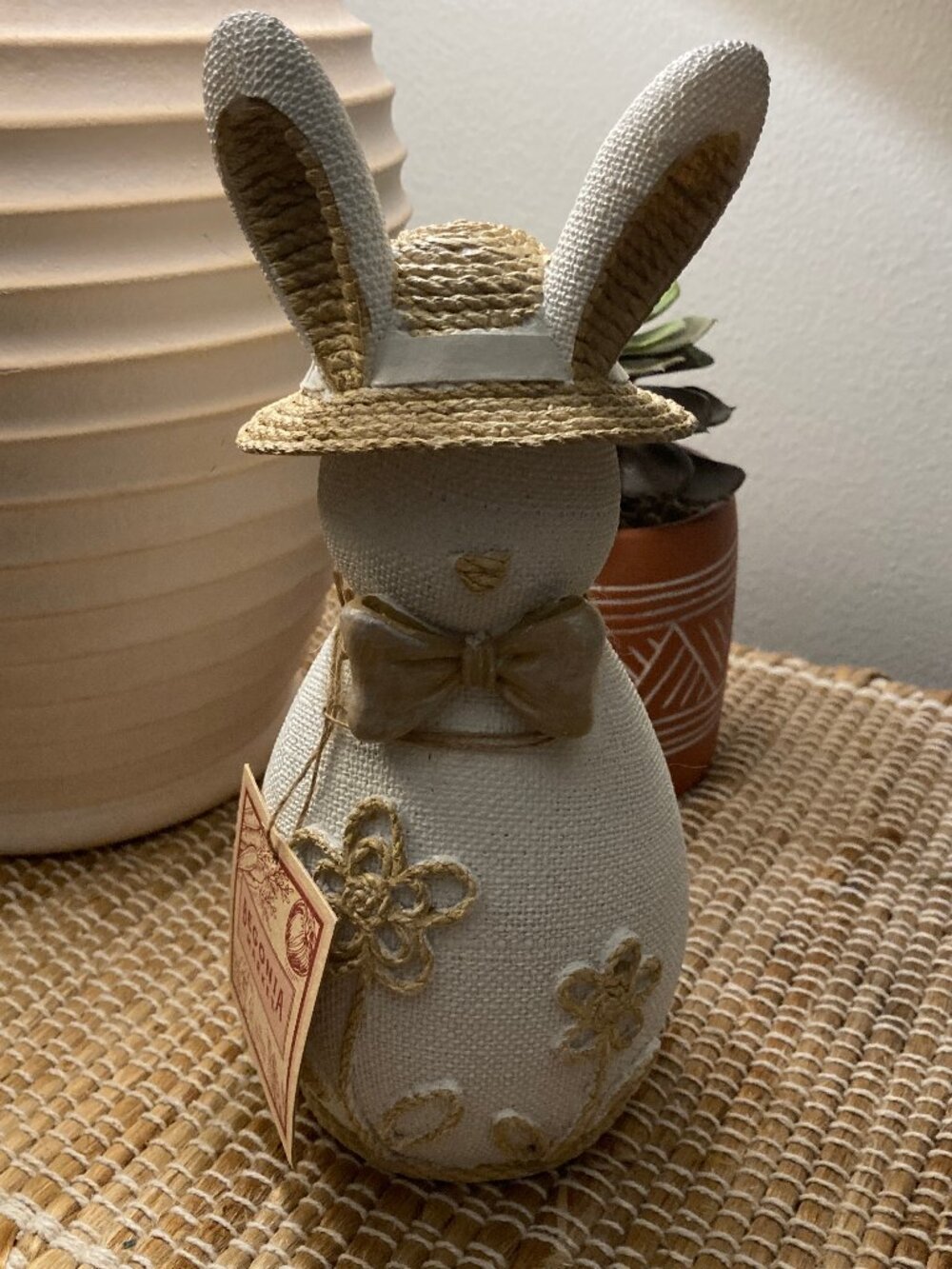 Begonia Market Cream Tan Bunny with Straw Hat and Bow Tie NWT